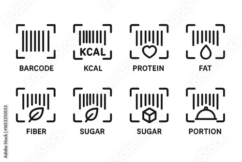Barcode icons: calories, protein, fat, fiber, sugar, portion indicators