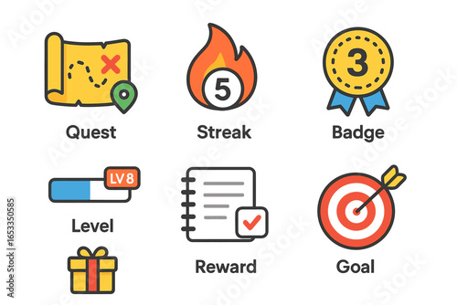Colorful icons representing quest streak badge level reward goal in gamification design