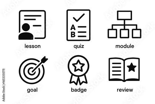 Educational icons: lesson, quiz, module, goal, badge, review
