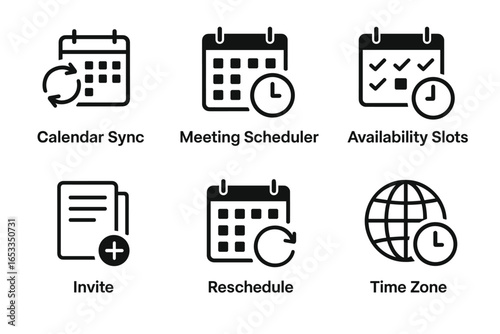 Calendar management icons: sync, scheduler, availability, invite, reschedule, time zone