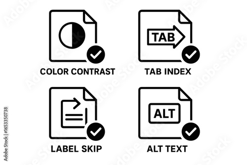 Web accessibility icons: color contrast, tab index, label skip, alt text symbols
