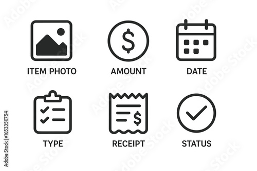 Minimalist icons: item photo, amount, date, type, receipt, status for financial management