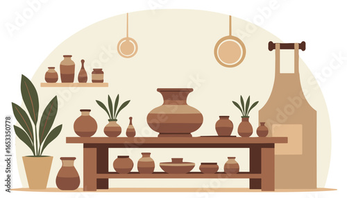 Pottery workshop interior in flat illustration style with brown colors, handmade craft concept