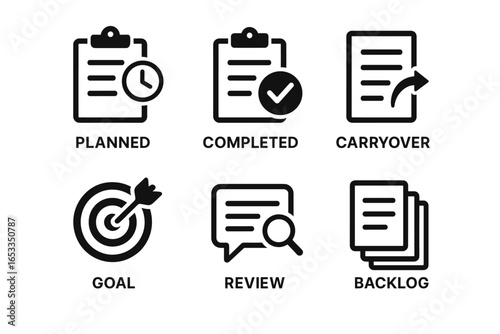 Project management icons: planned, completed, carryover, goal, review, backlog