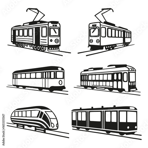 Collection of Six Black Silhouette Tram and Train Illustrations public transport