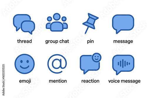 Blue communication icons: thread, group chat, pin, message, emoji, mention, reaction, voice
