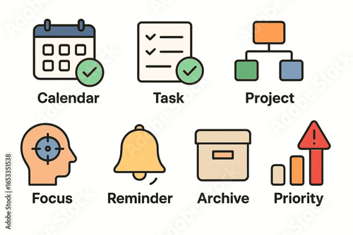 Calendar task project icons: focus, reminder, archive, priority symbols