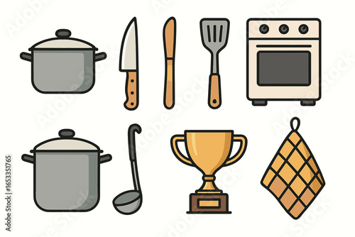 Kitchen utensils and appliances featuring pots, knife, spatula, and oven