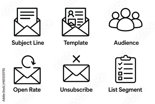 Email marketing icons: subject line, template, audience, open rate, unsubscribe, list segment