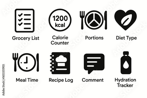 Nutrition and meal planning icons: grocery list, calorie counter, portions, diet type