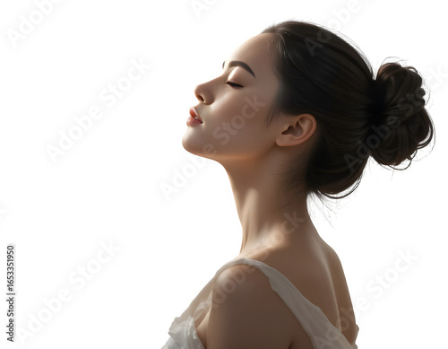 Young woman profile portrait with eyes closed isolated on transparent background