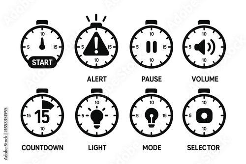 Set of timer icons: start, alert, pause, volume, countdown, light, mode, selector