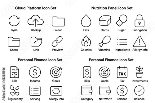 Collection of cloud, nutrition, and finance icon sets for diverse applications