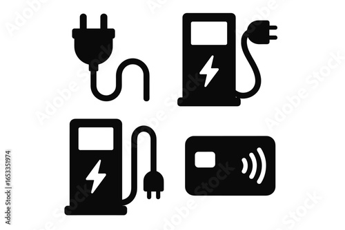 Electric charging station icons with plugs and contactless payment symbol