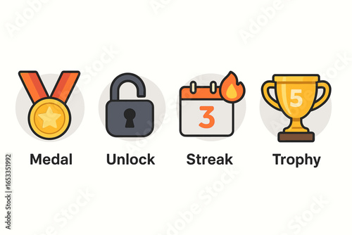 Cartoon medal lock streak calendar trophy icons in flat design