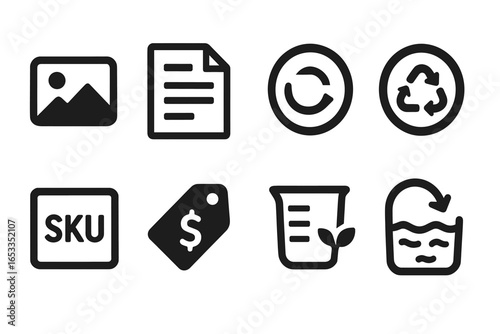 Set of eight black icons: image, document, sync, recycle, sku, price tag, beaker, water