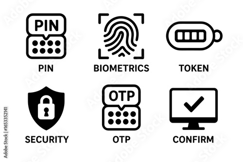 Digital security icons: pin, biometrics, token, security, otp, confirmation symbols