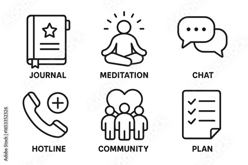 Icons representing journal, meditation, chat, hotline, community, and plan