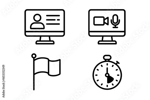 Communication and time: screens, flag, stopwatch icons