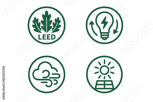Green energy icons: leed certification, renewable light, wind power, solar panels