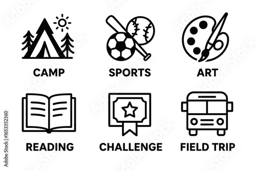 Icons representing summer camp activities: camp, sports, art, reading, challenge, field trip