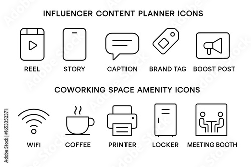 Influencer content planner and coworking space amenity icons