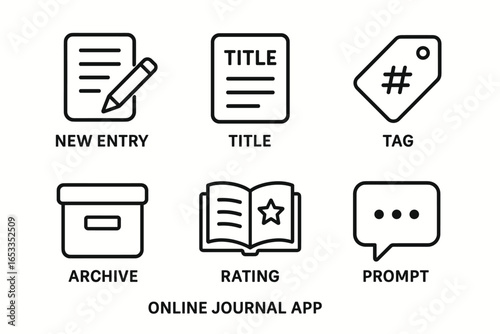 Icons for online journal app: entry, title, tag, archive, rating, prompt
