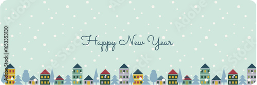 New Year, winter banner with Christmas trees and houses in Scandinavian minimalist style. Template for greetings with snowflakes. Vector holiday design for cards, flyers, greetings.