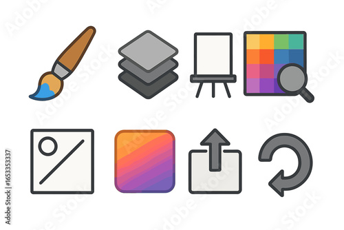 Art and design icons: brush, layers, canvas, color palette, gradient, upload, rotate