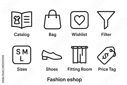 Icons representing catalog, bag, wishlist, filter, sizes, shoes, fitting room, and price tag