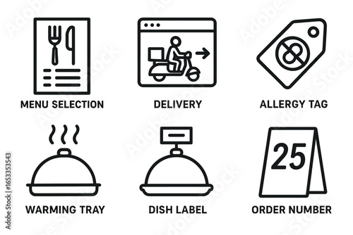 Food service icons: menu, delivery, allergy, warming, labeling, order