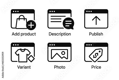 E-commerce icons: add product, description, publish, variant, photo, price