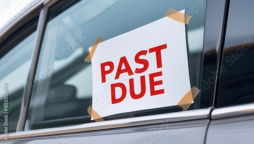 Auto loan delinquency notice on vehicle car repossession process urban environment close-up viewpoint financial consequences