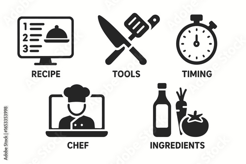 Culinary icons: recipe, tools, timing, chef, ingredients