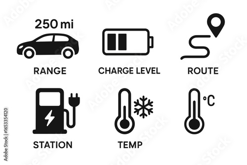 Electric vehicle dashboard icons: range, charge level, route, station, temperature
