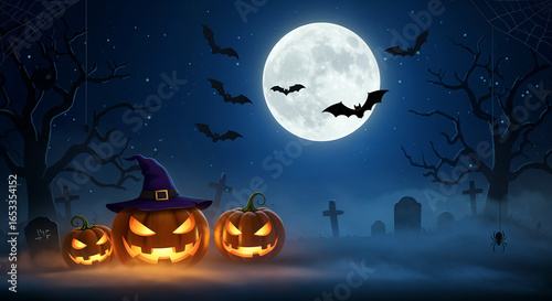 Dark spooky Halloween night background with glowing jack-o-lanterns, full moon and flying bats.