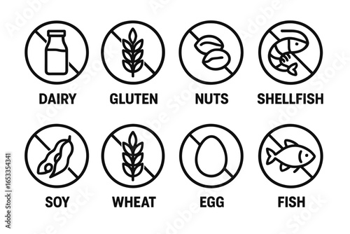 Common food allergen icons: dairy, gluten, nuts, shellfish, soy, wheat, egg, fish