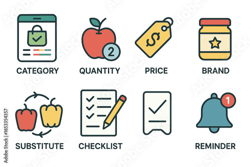 Shopping icons: category, quantity, price, brand, substitute, checklist, reminder