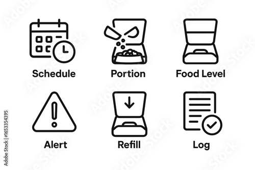 Pet feeder icons: schedule, portion control, food level, alert, refill, log