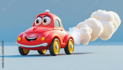 Cute cartoon car with smiling face and puffing smoke