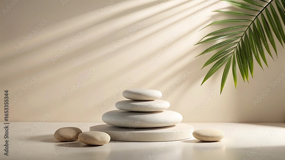 Zen balance of stacked stones with palm leaf and dappled sunlight on a neutral background Zen balance of stacked stones with palm leaf and dappled sunlight on a neutral background