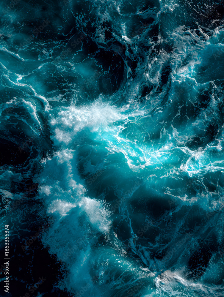 Obraz premium Turbulent ocean waves with swirling motion and deep blue hues