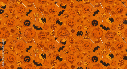 Playful Halloween seamless candy design with pumpkins, sweets, bats and festive orange palette.