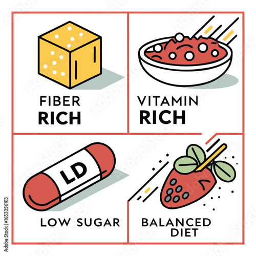 Illustration showing fiber rich cube vitamin rich bowl low sugar pill and balanced diet strawberry icon on transparent background