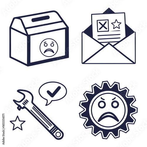 Illustration of a box with a sad face, envelope with a ballot, wrench with check and gear with sad face on transparent background