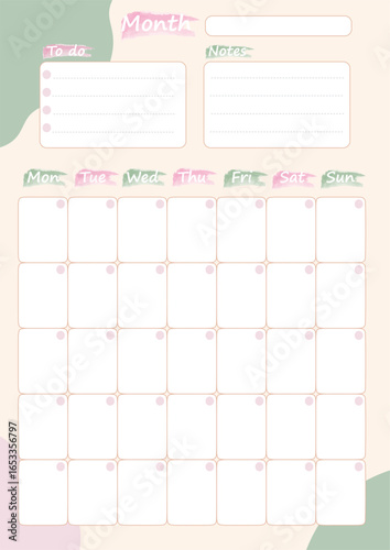 Monthly planner template with a blank calendar grid A4