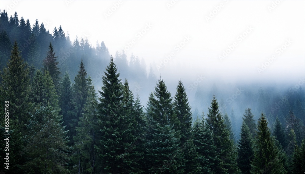 Obraz premium smoky or foggy dark pine forest landscape with sky isolated on white or