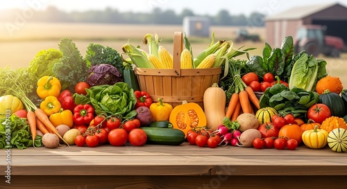 A bountiful harvest of fresh vegetables displayed on a wooden table in front of a rural farm, showcasing the abundance and variety of natures produce