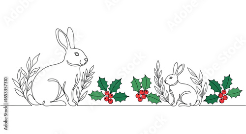 Rabbit line art with holly berries christmas design