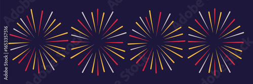 Four circular burst patterns with red yellow and white rays on a dark blue background in a row design